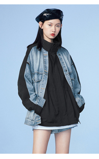 假两件女宽松立领拼接牛仔外套ins潮下摆抽身设计保暖AWBBA3370