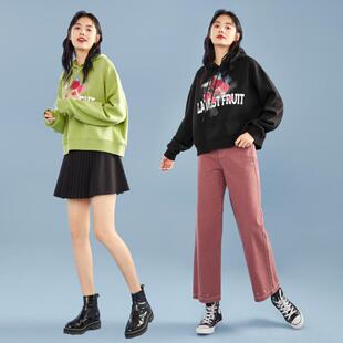 2021春秋连帽短款加绒卫衣女绿色街头潮酷宽松上衣