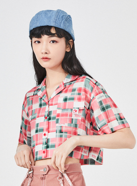 2021四季俄罗斯方块纹样短衬衫女短款衬衫A6CA92250