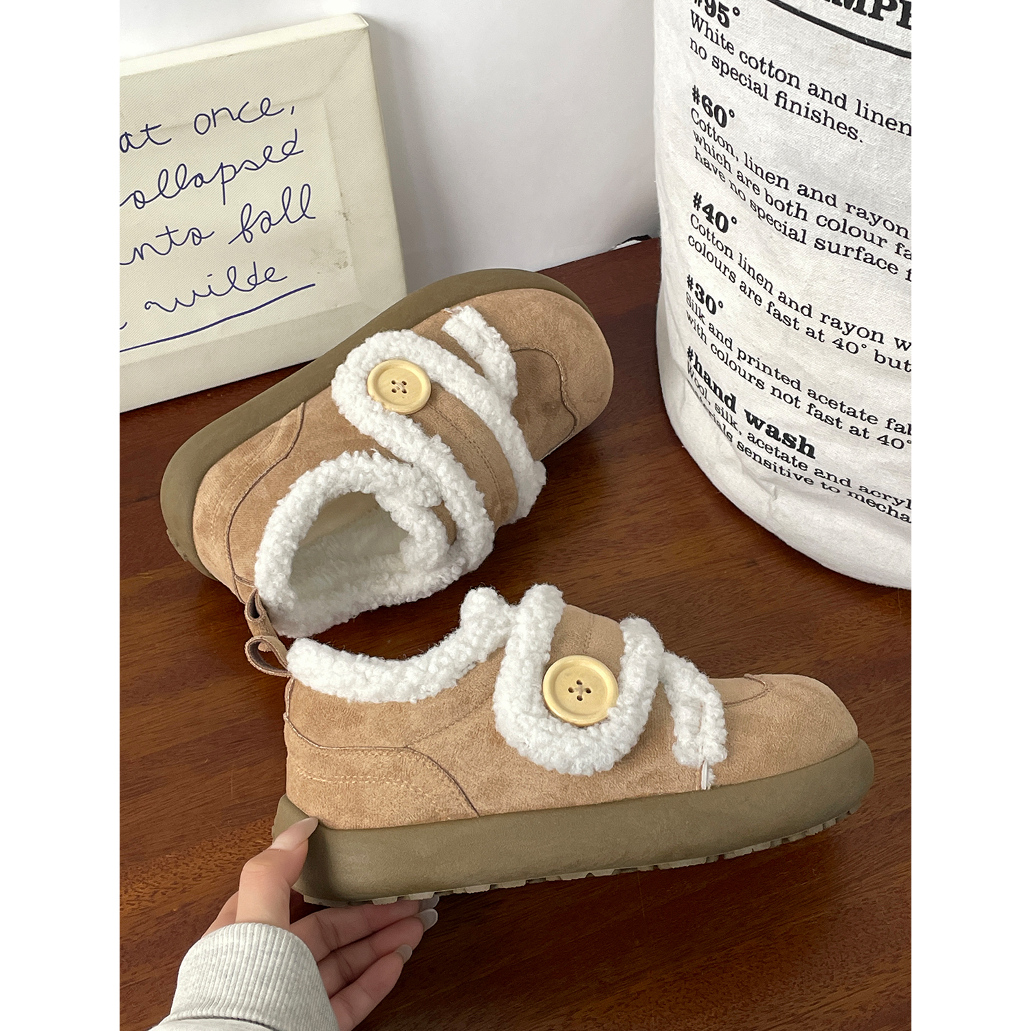 圆头小土豆加绒毛毛鞋女2025冬季新款魔术贴保暖棉鞋女厚底懒人鞋