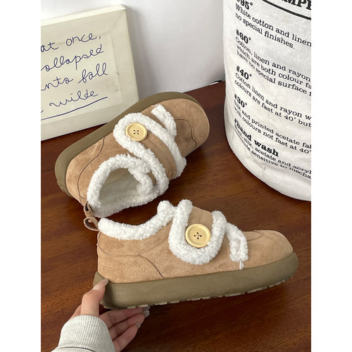 圆头小土豆加绒毛毛鞋女2025冬季新款魔术贴保暖棉鞋女厚底懒人鞋