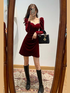 party小礼服轻奢小众高端回门服圣诞战袍聚会红色丝绒连衣裙秋冬