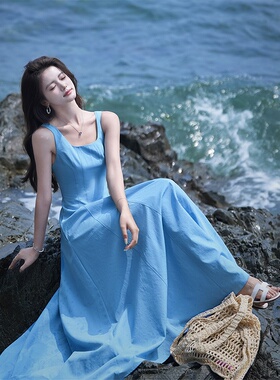 U领蓝色吊带长裙夏季度假无袖收腰A字大裙摆背心连衣裙女