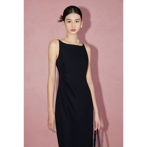 黑色法式一字领吊带连衣裙女夏气质高级感礼服小黑裙子