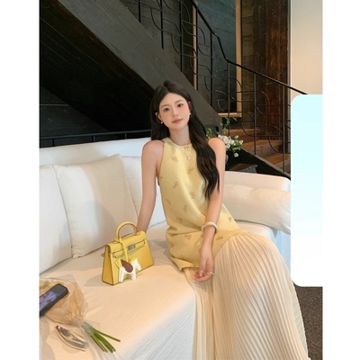 黄一粒  STUDIO重工蝴蝶结钉珠小香风假两件连衣裙女夏无袖裙