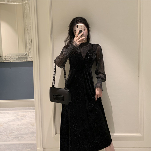 法式网纱黑色金丝绒两件套连衣裙