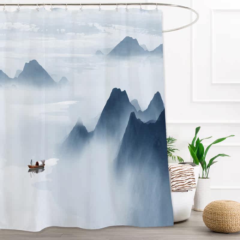 中式水墨山水画浴帘防水防霉加厚遮挡中国风浴室隔断帘淋浴防水帘