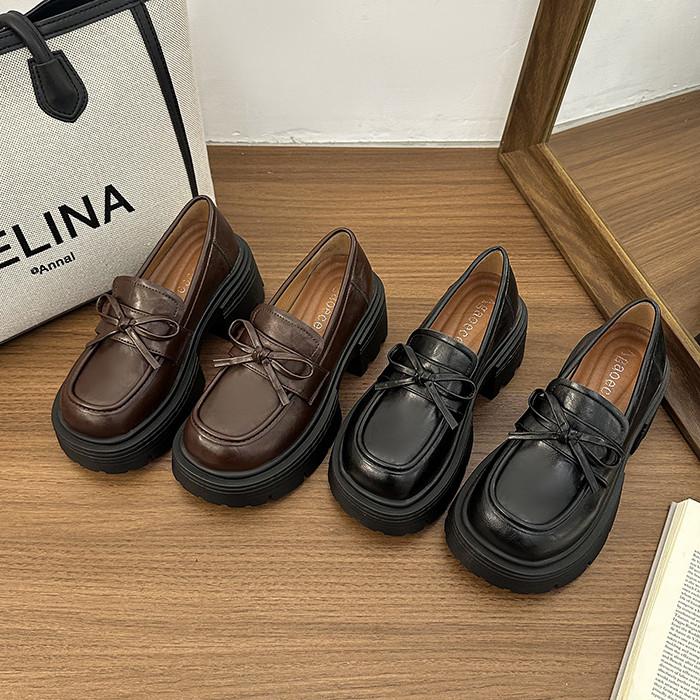 松糕厚底小皮鞋女2025新款百搭复古粗跟英伦风蝴蝶结一脚蹬乐福鞋,女鞋,深口单鞋,淘宝优惠券,粉丝福利购,淘宝优惠卷