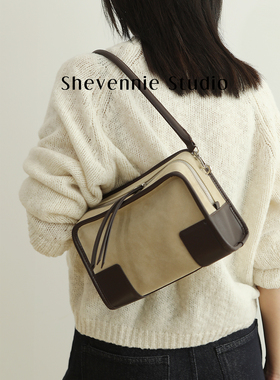 Shevennie2026早春真皮复古麂皮撞色小方包波司顿包托特保龄球包