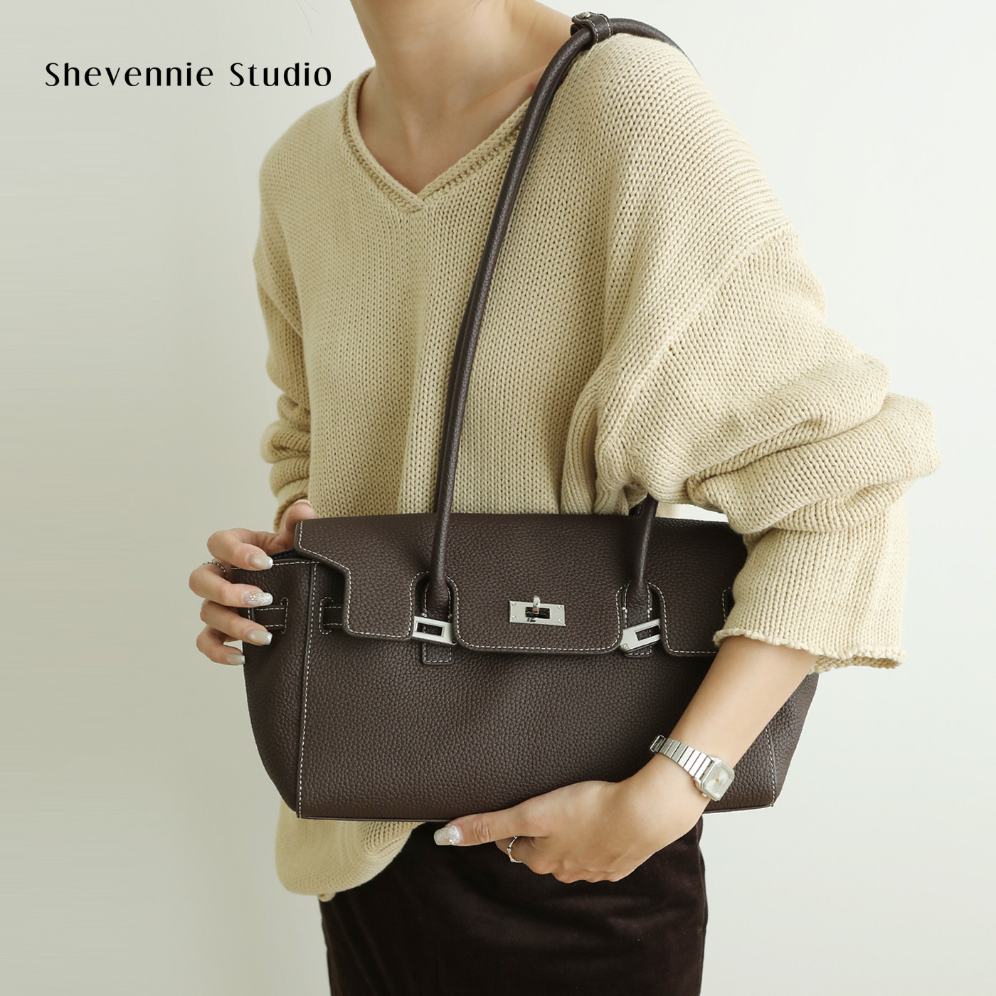 shevennie2026新品 通勤极简大容量头层牛皮长手柄单肩腋下凯莉包