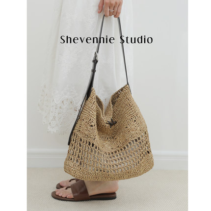 Shevennie 度假防水马特草真皮草编包编织镂空托特包大容量单肩包