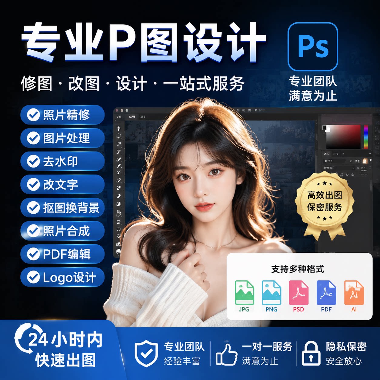 ps改pdf文字去水印照片合成logo设计专业p图修图批图无痕图片处理