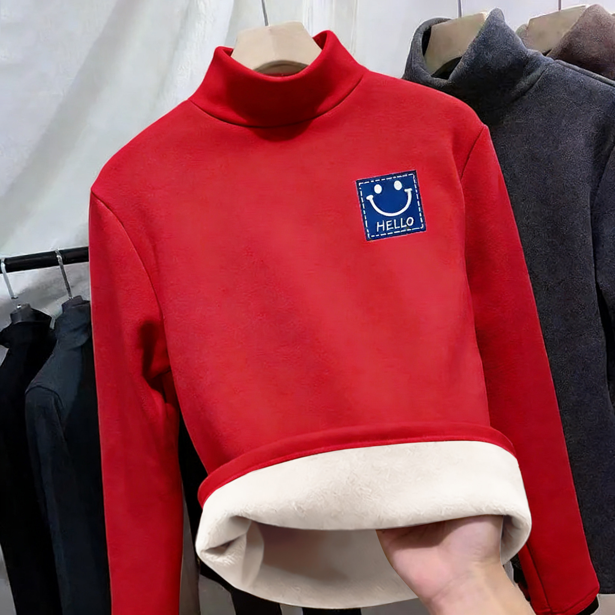 羊羔绒加绒加厚半高领卫衣男新款简约秋冬季宽松百搭打底保暖上衣