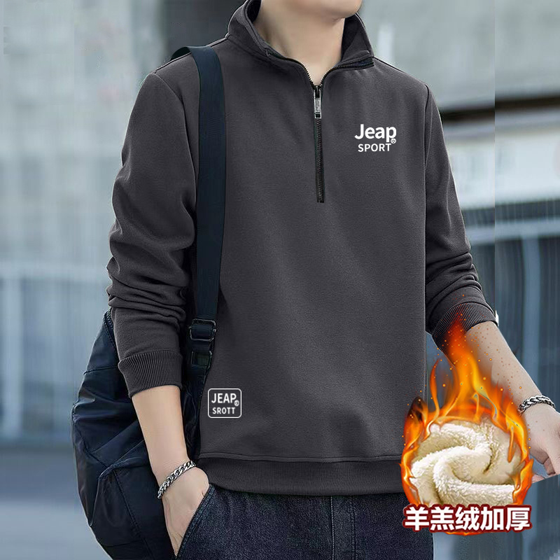 潮牌男士高级感半拉链纯色印花卫衣羊羔绒加绒加厚长袖外搭上衣服