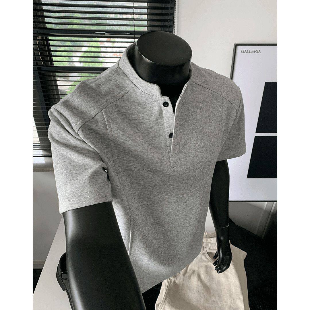 灰色亨利领短袖男款2026夏季拼接正肩POLO衫高级感t恤半袖上衣潮