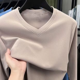 T恤打底衫 2025秋冬新款 v领卫衣纯色潮流帅气德绒长袖 休闲男士 时尚