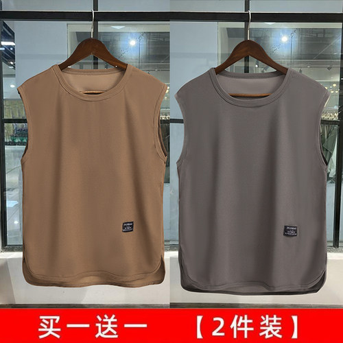 新款两件装宽松T恤运动上衣ins无袖大码胖子休闲复古背心纯色夏季