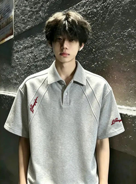 灰色男款拼接刺绣短袖POLO衫夏季美式重磅翻领t恤半截袖青少年潮
