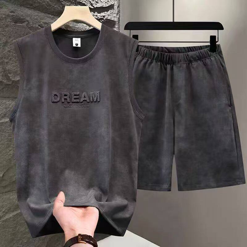 休闲套装男士2026背心短裤夏季扎染新款两件套无袖薄款青少年T恤