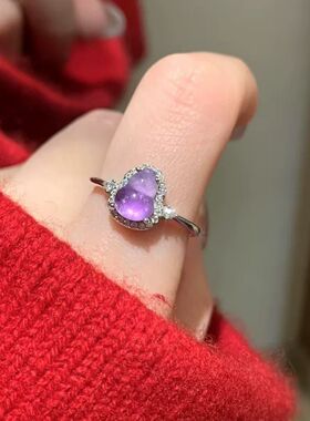 s925银厂家货源天然紫水晶葫芦戒指s925银镶嵌锆石简约百搭