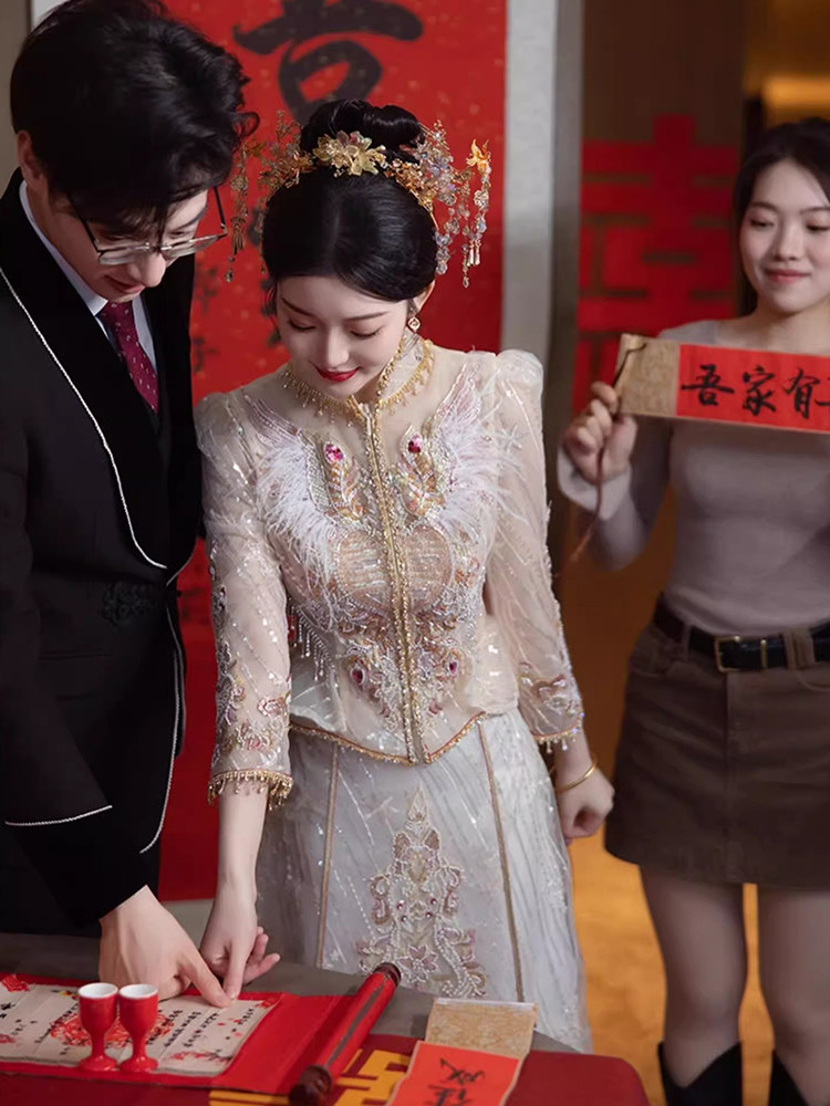 샴페인 컬러 XIUHE 웨딩 드레스 2024 새로운 여름 얇은 대형 지방 MM 하이 엔드 황금 웨딩 드레스 여름 결혼식