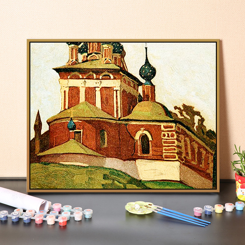 北欧时代建筑复古油画diy数字油彩画 创意手工填色客厅摆件装饰画