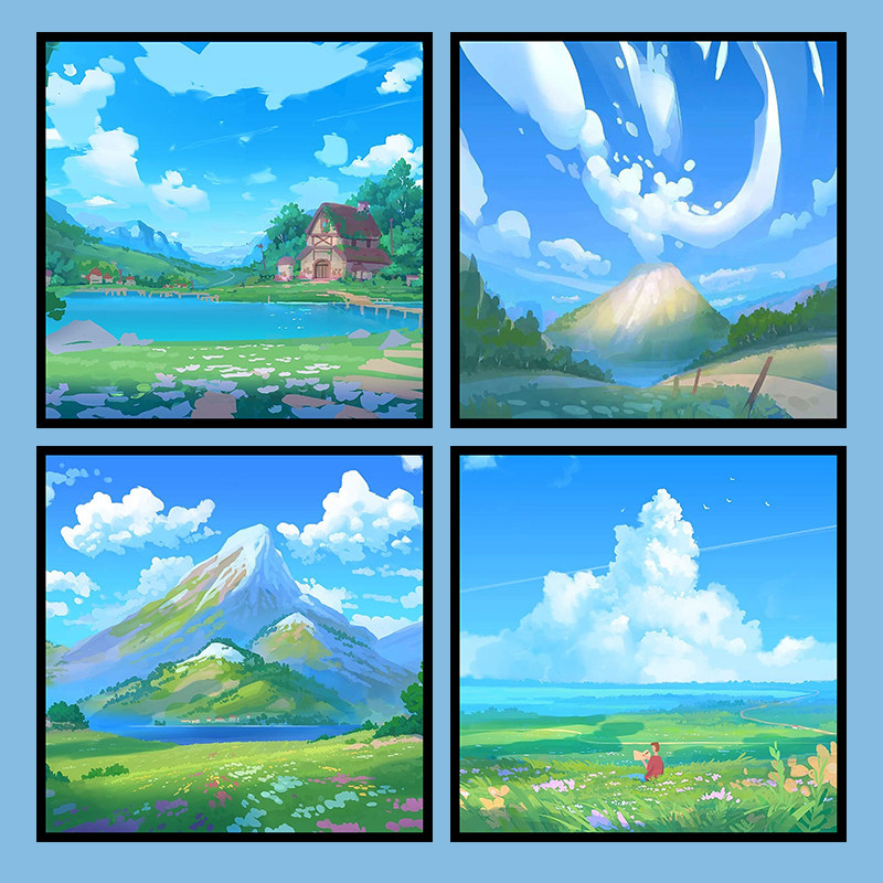 diy数字油画油彩画宿舍挂画ins风蓝天白云插画手工填充涂鸦装饰画
