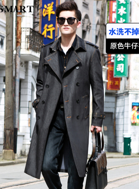 trench长款牛仔风衣男丹宁色英伦加厚春秋新款外套商务翻领休闲tb