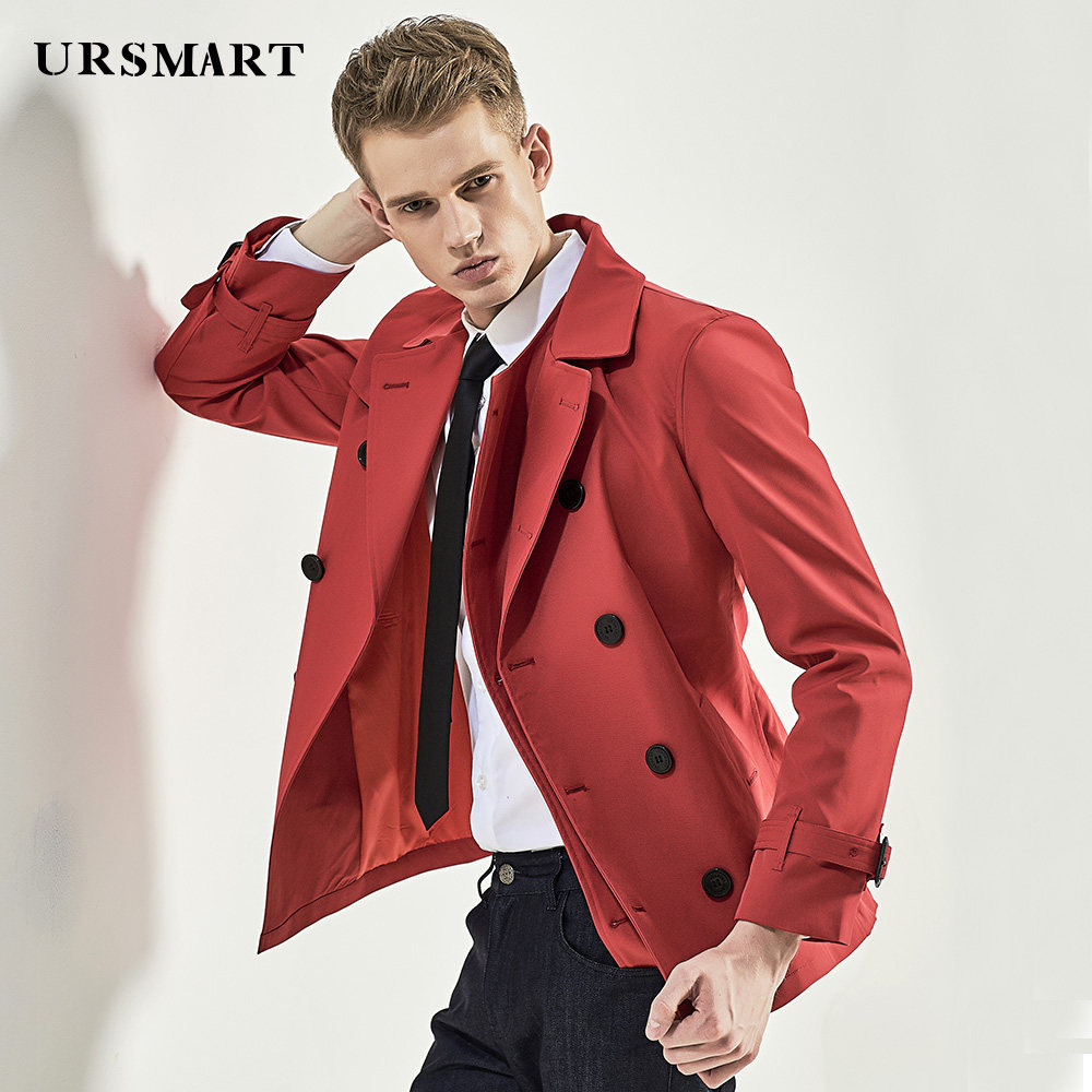 优杰仕短款风衣男双排扣束腰大红色男士风衣青年修身时尚男风衣潮