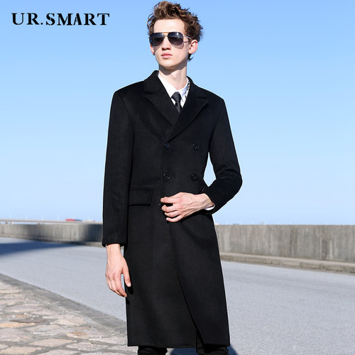 ursmart英伦双排扣黑色经典大衣