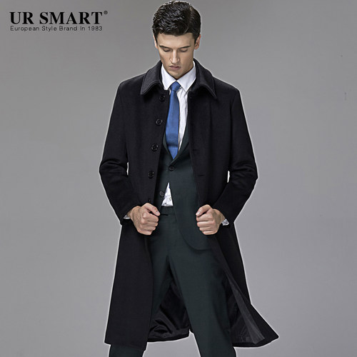 ursmart新品单排扣黑色羊毛大衣