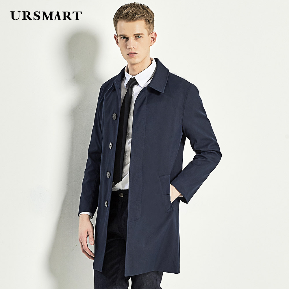 优杰仕正品中长款休闲男士风衣藏青色单排扣风衣男正品时尚男风衣