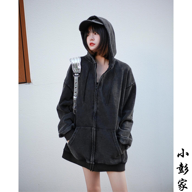 开衫外套女春秋水洗做旧连帽卫衣