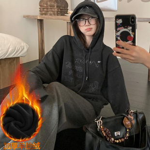 美式复古字母印花连帽卫衣女秋冬水洗做旧外套设计感小众宽松上衣