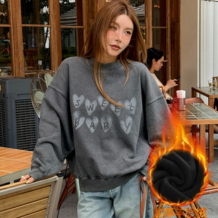 水洗做旧圆领套头卫衣女秋冬美式复古加绒外套设计感小众宽松上衣