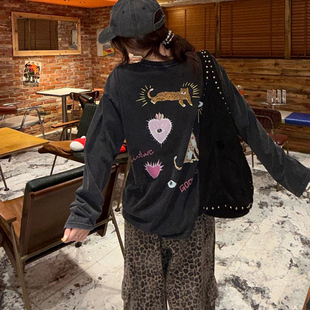 水洗做旧纯棉t恤女春秋长袖设计感小众金钱豹卡通印花宽松上衣ins