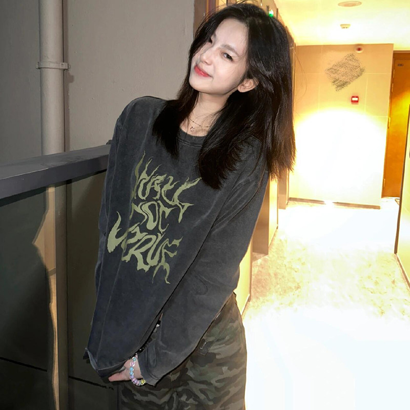 美式复古水洗做旧长袖t恤女春秋设计感小众oversize宽松上衣ins潮