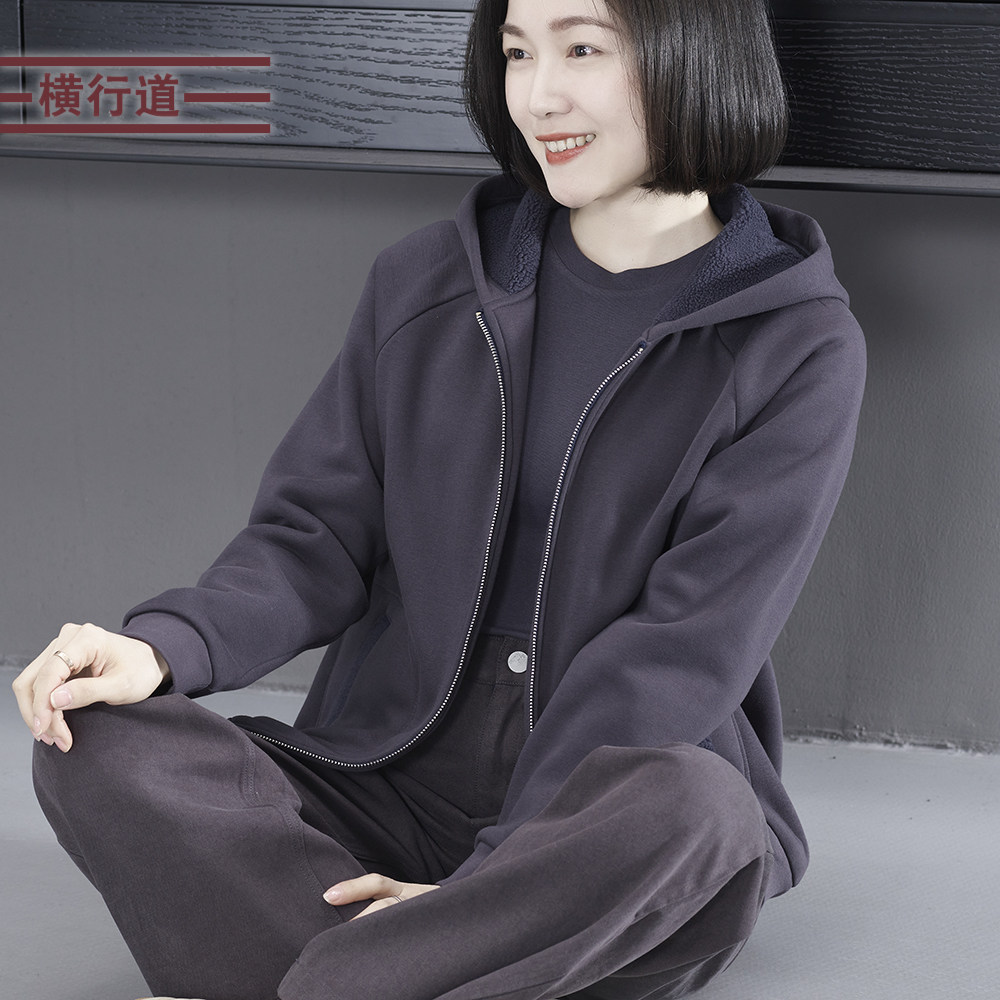 2026春季新款纯色连帽拉链插肩加绒卫衣外套保暖女装外穿上衣大码