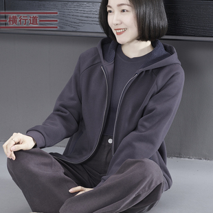 2026春季新款纯色连帽拉链插肩加绒卫衣外套保暖女装外穿上衣大码