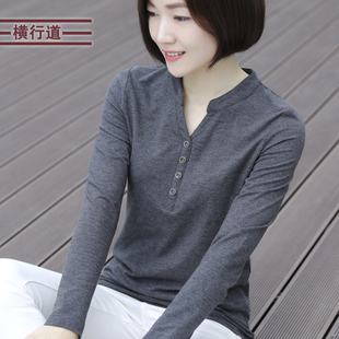 2026春季新款v领上衣女士莫代尔棉大码中年妈妈长袖t恤立领打底衫