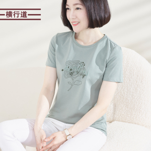 圆领绣花宽松短袖2022新款纯色打底衫 刺绣简约休闲女上衣半袖T恤