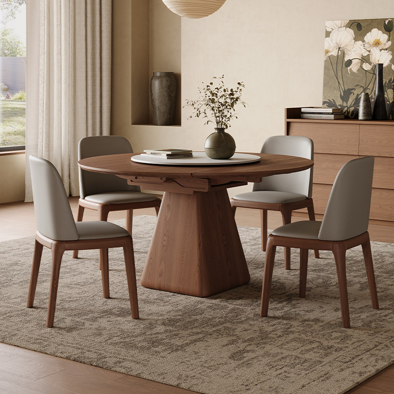 中古风实木圆形伸缩餐岩板餐桌家用可折叠方圆两用圆桌带转盘饭桌,住宅家具,实木餐桌,淘宝优惠券,粉丝福利购,淘宝优惠卷