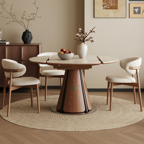 洞石岩板伸缩圆形餐桌折叠多功能