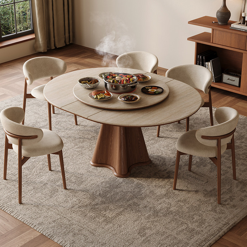 洞石岩板伸缩餐桌带电磁炉圆桌转盘椭圆形拉伸小户型实木功能饭桌,住宅家具,岩板餐桌,淘宝优惠券,粉丝福利购,淘宝优惠卷