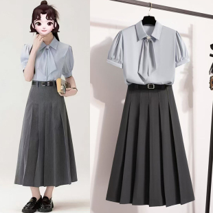 夏季 半口仙气正式 百褶半身裙套装 蓝色衬衫 教资面试穿搭女 场合短袖