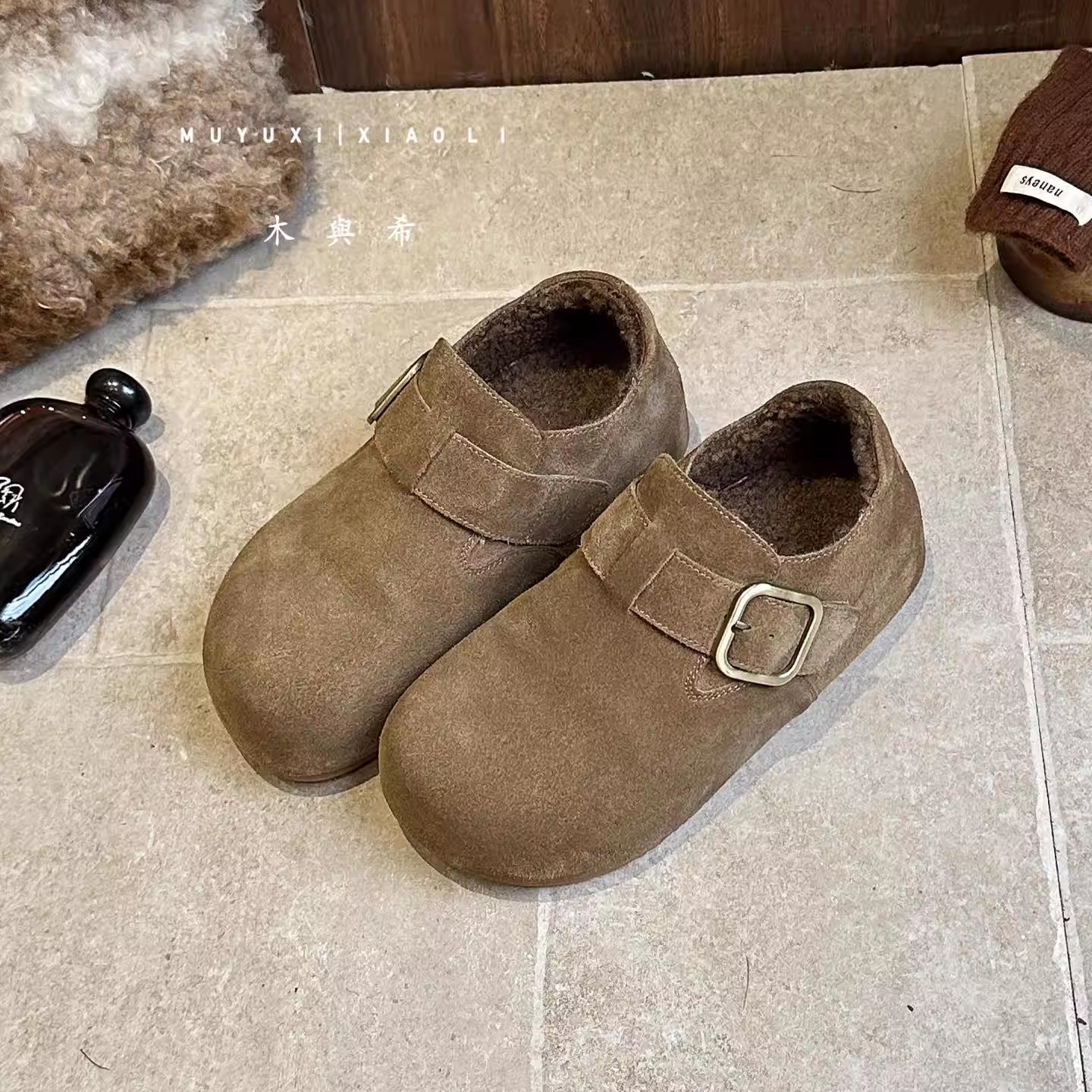 木与希厚底加绒勃肯鞋乐福羊羔毛