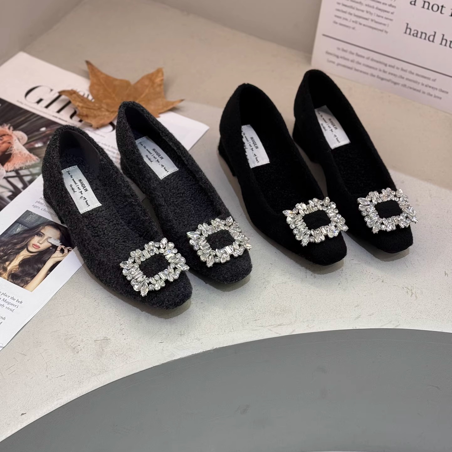 法式气质水钻加绒粗跟单鞋