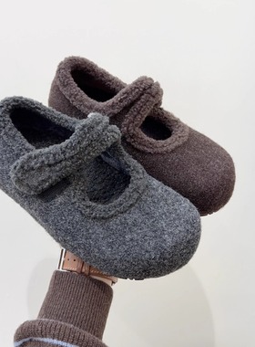 内增高软底厚底勃肯鞋女加绒灰色玛丽珍毛毛鞋女冬外穿韩版棉鞋子