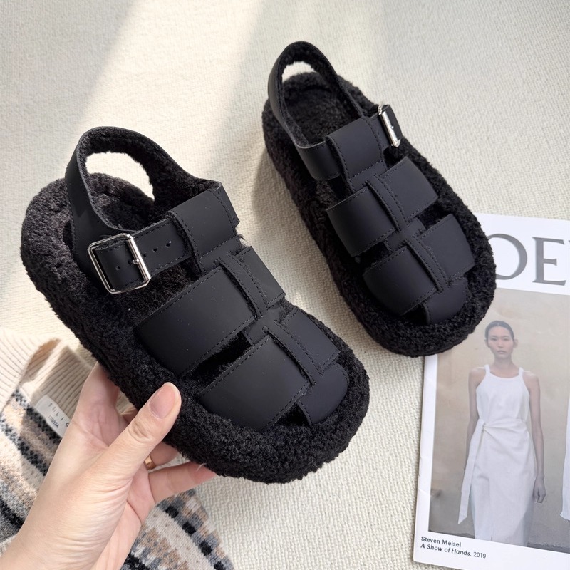 2025新款女松糕增高羊羔毛凉鞋