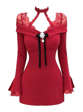 现货【圣诞红境】圣诞节纯欲针织挂脖连衣裙女秋冬跨年派对短裙子